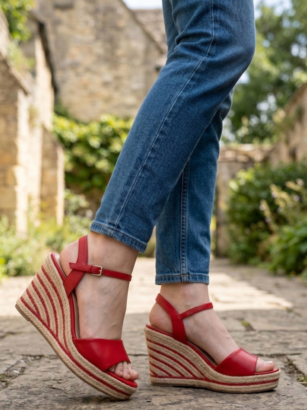 Vince Camuto Red Leather Espadrille Wedge Sandals Ankle Strap Size 10B - Picture 2 of 8